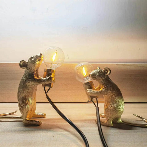 Kid Friendly Gold Finish Cute Mouse Desk Lamp With E12 LED Bulb Included, mini resin nightstand light with cozy glow, two lamps
