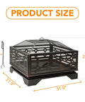 32 Inch Outdoor Wood Burning Fire Pit with Mesh Cover and Fire Poker Large Square Metal Fireplace for patio size details