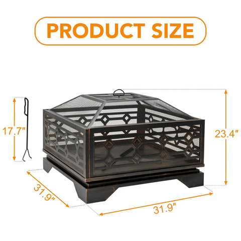 32 Inch Outdoor Wood Burning Fire Pit with Mesh Cover and Fire Poker Large Square Metal Fireplace for patio size details