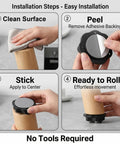 Installation steps for Heavy Duty Peel And Stick Furniture Casters With 360 Swivel Rollers, showcasing cleaning, peeling, sticking, and rolling.