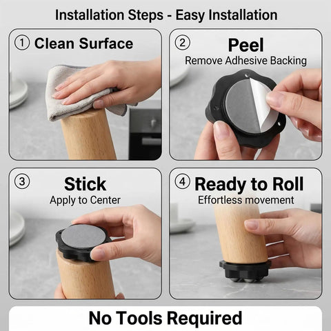 Installation steps for Heavy Duty Peel And Stick Furniture Casters With 360 Swivel Rollers, showcasing cleaning, peeling, sticking, and rolling.