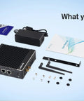 No Fuss Fanless Firewall Mini PC Packed With Intel J3710 Chips And Four Rock Solid Gigabit Lan Ports MSATA SSD Slot And AES NI Encryption Built Right For Network Gateway accessories and components laid out on a blue background.