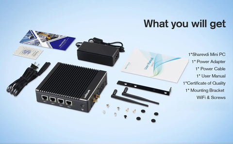 No Fuss Fanless Firewall Mini PC Packed With Intel J3710 Chips And Four Rock Solid Gigabit Lan Ports MSATA SSD Slot And AES NI Encryption Built Right For Network Gateway accessories and components laid out on a blue background.