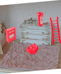 Dollhouse scene with Eight Piece Realistic Fire Extinguisher Dollhouse Accessories For Creative Play And Educational Firefighting Scenes displayed.