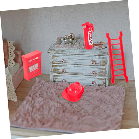 Dollhouse scene with Eight Piece Realistic Fire Extinguisher Dollhouse Accessories For Creative Play And Educational Firefighting Scenes displayed.