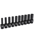 Half Inch Drive Ten Piece Six Point Deep Universal Impact Socket Set Metric, Beefy Chrome Moly Alloy, arranged in a row