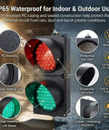 Heavy Duty Eight Inch LED Traffic Light With Toggle Switch Serving Up Blazing Red And Green Stop Go Signals For Unbeatable Sunlight Clarity On Busy Loading Docks Driveways And Garages, showing waterproof construction and indicators.