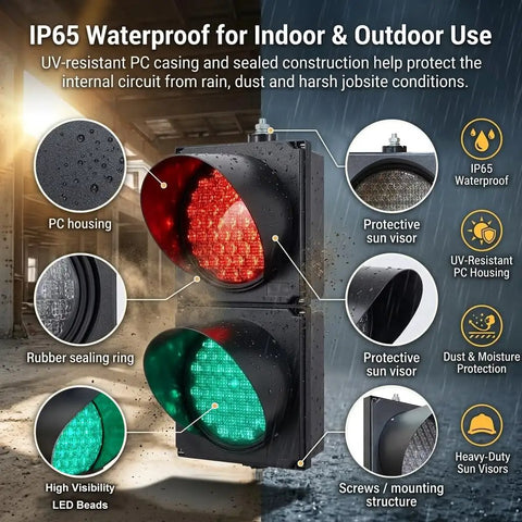 Heavy Duty Eight Inch LED Traffic Light With Toggle Switch Serving Up Blazing Red And Green Stop Go Signals For Unbeatable Sunlight Clarity On Busy Loading Docks Driveways And Garages, showing waterproof construction and indicators.