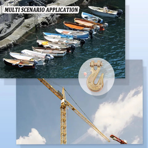 2 Pack Three Eighths Inch Chain Hooks Grade 70 Heavy Duty Clevis Grab Hooks in multi-scenario application including boats and crane lifting