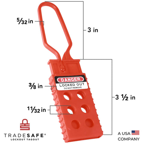 Lock Out Tag Out Hasp Bundle, Non Conductive Polypropylene LOTO Hasps, 3 Pack, red with size dimensions, front view