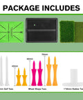Package contents of Indoor Outdoor Dual Turf Golf Hitting Mat With Swing Path Feedback Pro Grade Includes Tees Replacement Practice Mat Rubber Base And Multi Size Tee Holders For Driving And Chipping Training 16.54 By 12.6 Inches