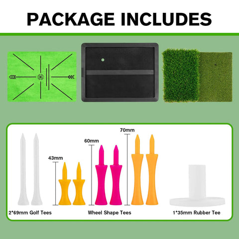 Package contents of Indoor Outdoor Dual Turf Golf Hitting Mat With Swing Path Feedback Pro Grade Includes Tees Replacement Practice Mat Rubber Base And Multi Size Tee Holders For Driving And Chipping Training 16.54 By 12.6 Inches