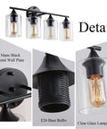 Four Light Matte Black Bath Vanity Light With Clear Glass Shades Industrial Farmhouse Sleek Modern Wall Sconce details