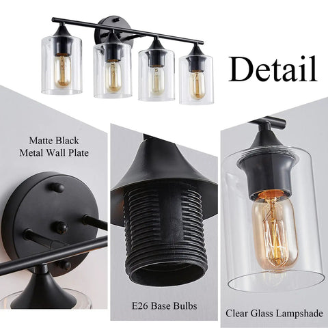 Four Light Matte Black Bath Vanity Light With Clear Glass Shades Industrial Farmhouse Sleek Modern Wall Sconce details