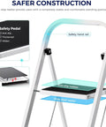 Heavy Duty Steel 2 Step Stool Ladder With Grab Handle Portable Folding Step Ladder Anti Slip Wide Pedal Lightweight Compact For Kitchen And Home ANSI A14.11 Certified Sturdy Durable White showing safety features.
