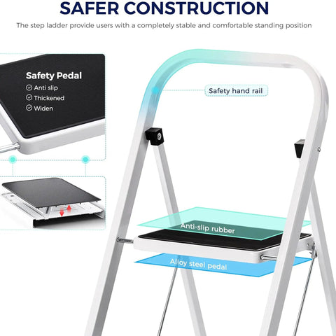 Heavy Duty Steel 2 Step Stool Ladder With Grab Handle Portable Folding Step Ladder Anti Slip Wide Pedal Lightweight Compact For Kitchen And Home ANSI A14.11 Certified Sturdy Durable White showing safety features.