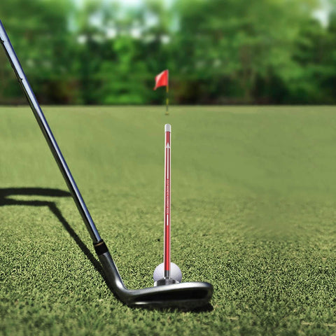 Golf club with Magnetic Alignment Rod for Golf Swing Training Aid in red, showing club face alignment and swing path visualization.