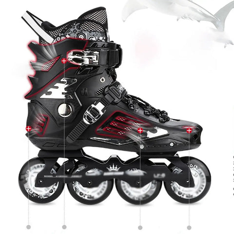 Side view of black Carbon Fiber Inline Roller Skates for Adults and Teens with safety ratchet buckle and laces, single row