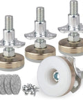 Heavy Duty Adjustable Furniture Leveling Feet For Tables, Chairs, Cabinets, And Sofas With Beefy Large Base And 1320 Lbs Capacity Includes T Nut Kit 3/8-16 Thread Four Felt Pads And Twelve Screws, showing four levelers with accessories