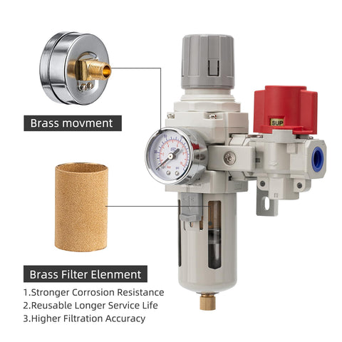 Industrial Air Compressor Filter Regulator Combo Three Eighth Inch NPT 0-150 PSI Gauge with brass components detailed
