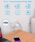 15 Foot Extension Cord With Flat Plug Surge Protector Power Strip Featuring Eight Widely Spaced Outlets And Four Fast Usb Charging Ports, showing 8 AC outlets and USB ports.