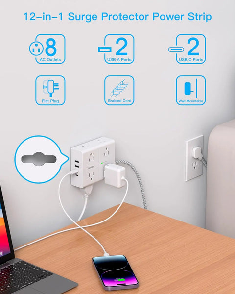 15 Foot Extension Cord With Flat Plug Surge Protector Power Strip Featuring Eight Widely Spaced Outlets And Four Fast Usb Charging Ports, showing 8 AC outlets and USB ports.