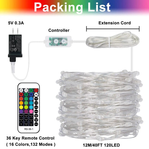 Packing list showing components of Fairy Lights Plug In 40ft 120 LED Twinkle String with Remote Timer, 16 Colors and 132 Modes