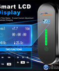 Smart LCD display showing real-time status and current adjustments for Portable Level 1 And 2 EV Charger Drops A Sharp 8 To 16 Amp Punch