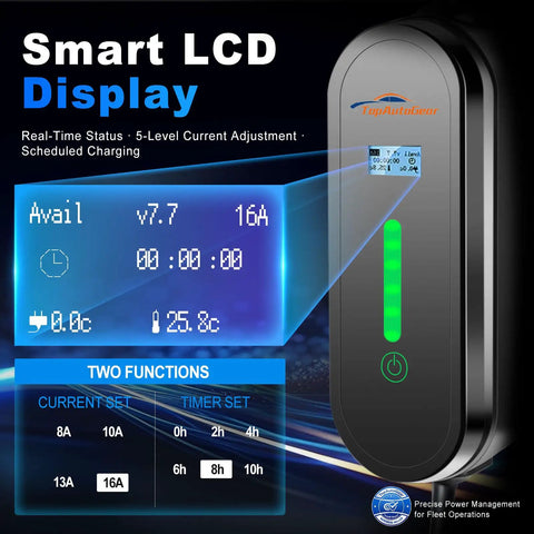 Smart LCD display showing real-time status and current adjustments for Portable Level 1 And 2 EV Charger Drops A Sharp 8 To 16 Amp Punch