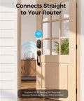 Heavy Duty WiFi Video Smart Lock With Handle, 5 In 1 Keyless Entry System shown mounted on a wooden door with WiFi connectivity.