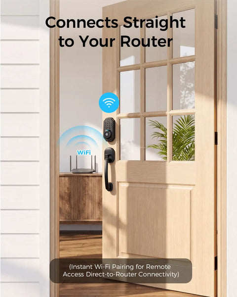 Heavy Duty WiFi Video Smart Lock With Handle, 5 In 1 Keyless Entry System shown mounted on a wooden door with WiFi connectivity.