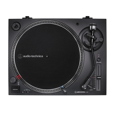 Audio-Technica At-Lp120Xusb-Bk Direct Drive Turntable Analog And USB Fully Manual Hi-Fi top view with controls and platter in black