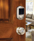 Touchscreen Keypad Deadbolt With Key Fob Access For Exterior Doors - Heavy Duty Security, Satin Nickel Finish on wooden door