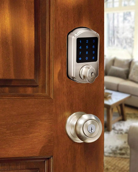 Touchscreen Keypad Deadbolt With Key Fob Access For Exterior Doors - Heavy Duty Security, Satin Nickel Finish on wooden door