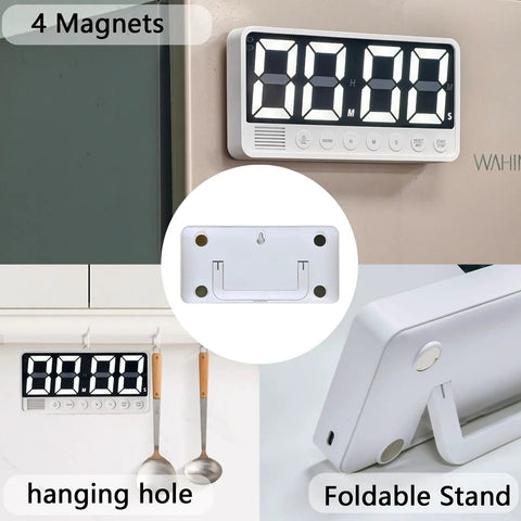 7.1 Inch Digital Kitchen Timer With Extra Large LED Display, Magnetic Back, rechargeable with foldable stand and hanging hole.