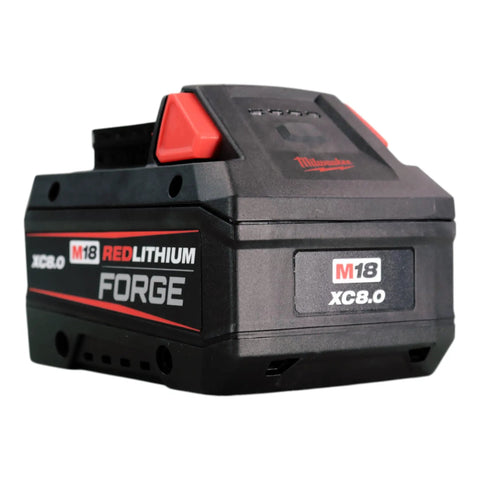 Side view of M18 RedLithium High Output 18V 8.0Ah Lithium-Ion Battery Pack For Cordless Power Tools showing label and design.