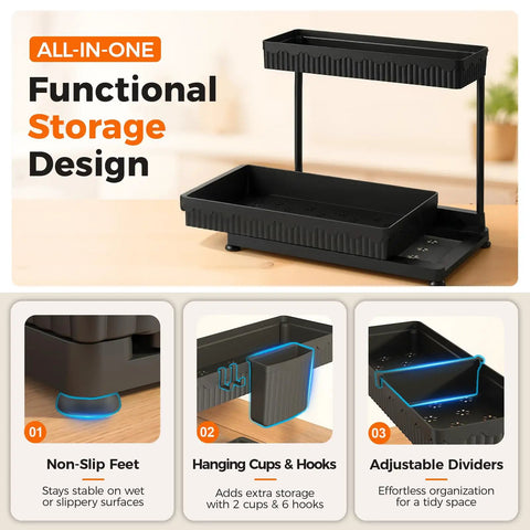 3 Pack L Shaped Under Sink Organizers With Real Smooth Glide Drawers To Toss The Clutter Out Of Deep Cabinets This Smart Corner Setup Does Heavy Lifting In Any Tight Kitchen Or Bath - Functional black storage with non-slip feet and adjustable dividers.