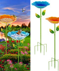 Colorful Metal Bird Bath for Outdoors, Flower Garden Hummingbird Bath on Five Stakes, Small Birdbath for Garden Decor, 31.3 Inches High and 10.63 Inch Diameter, Blue and Yellow, 2 Pack