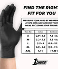 Top Shelf Black Nitrile Gloves With Five Mil Protection For Kitchen And Garage Grind Featuring Latex Free Food Safe Materials And No Sweat Extra Large Fit Great For Hustlers And Messy Cleanups Box Of One Hundred Disposable Covers hand measurement guide with size chart.