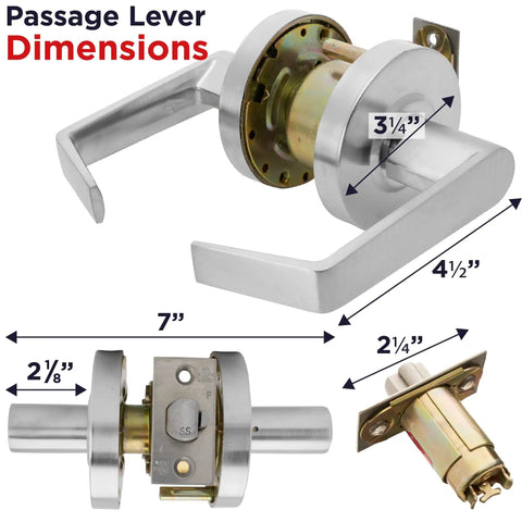 Heavy Duty Commercial Door Handle Non Locking Passage Function For Meeting Rooms And Kitchens Grade 2 Nickel Finish ADA Compliant UL Listed ANSI A1562 400000 Cycles Anti Sag Technology with dimensions marked