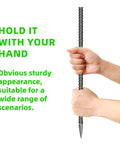 Person holding Heavy Duty 24 Inch Galvanized Steel Ground Stakes Set Sixteen Rebar Anchors for Tents Fences and Trampolines.