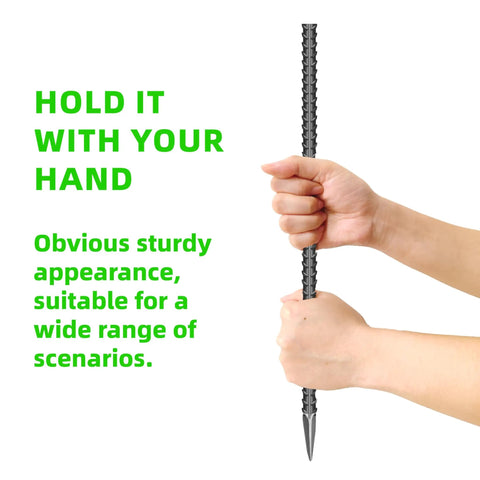 Person holding Heavy Duty 24 Inch Galvanized Steel Ground Stakes Set Sixteen Rebar Anchors for Tents Fences and Trampolines.