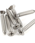 Top Shelf 304 Stainless Steel Number 12 X 1-1/2 Flat Head Sheet Metal And Wood Screws, 50 Pack, six screws displayed on white background.