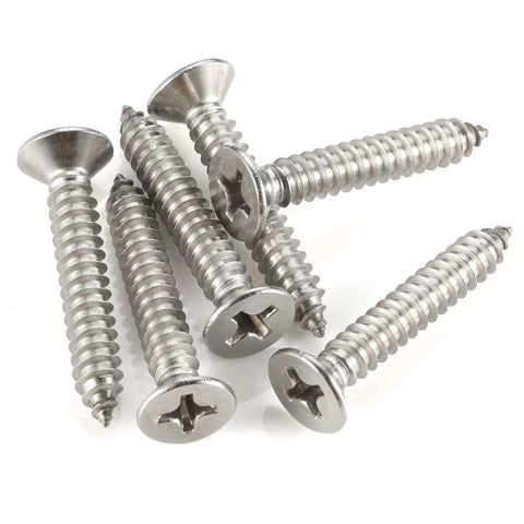 Top Shelf 304 Stainless Steel Number 12 X 1-1/2 Flat Head Sheet Metal And Wood Screws, 50 Pack, six screws displayed on white background.