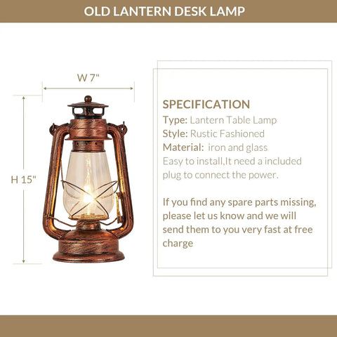 Industrial Rustic Lantern Table Lamp With Old Fashioned Oil Lamp Vibe For Farmhouse Bedroom Nightstand Hallway Study Room Vintage Night Light With Warm Glow And Cozy Desk Accent, height 15 in, width 7 in, iron and glass.