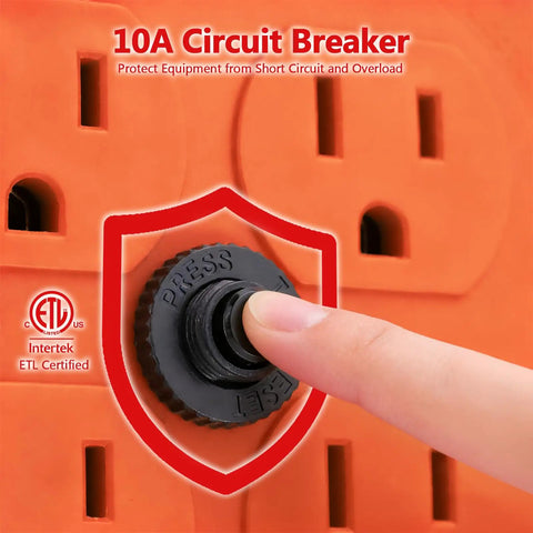 Close-up of a finger pressing the reset button on a Heavy Duty Retractable Extension Cord Reel Open Cord Roller For 12/3 14/3 And 16/3 Gauge.