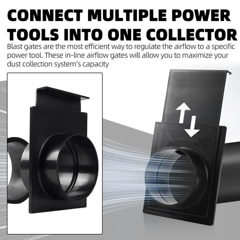 Four Inch Blast Gates For Dust Collection Systems with Easy to Use Sliding Gates directing airflow in black plastic design.