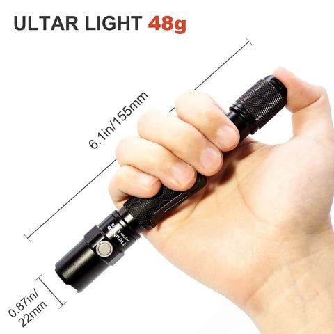 Archer 2A V3 LED Flashlight With Dual Switches Beefy 500 Lumens AA Powered IPX8 Waterproof shown in hand for size comparison