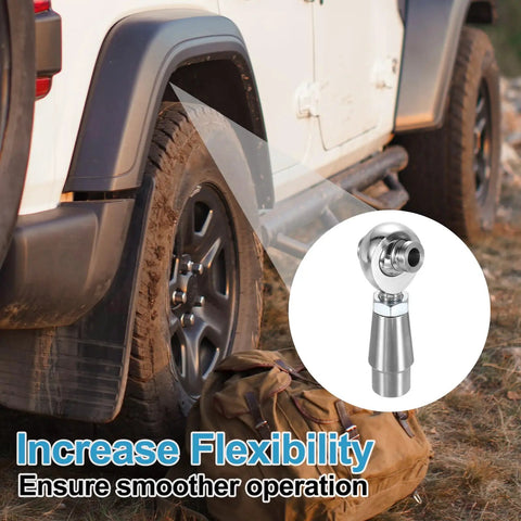 Built Tough One Half Inch Rod End Kit With Two Pairs Of Chrome Steel Joints left view with tire and bag background.