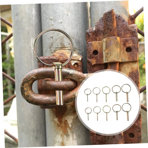 Beefy Heavy Duty Lynch Pin Fastener Set For Trailers Trucks And Mowers 10 Piece Spring Loaded Locking Pins in use on a gate latch